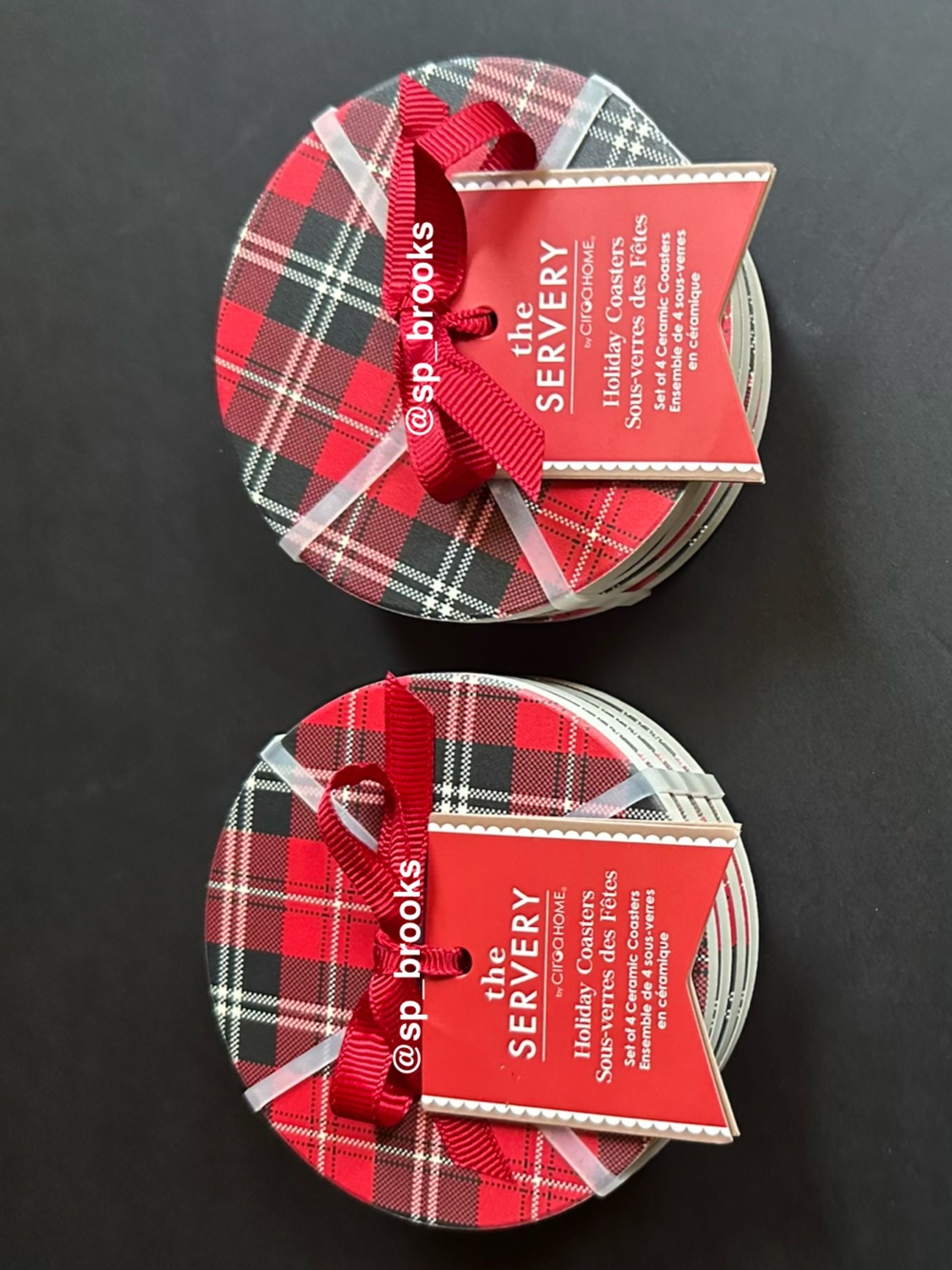 🎁8PC The Servery Holiday Ceramic Coasters 3.9” Red Plaid Coasters with Cork Base
